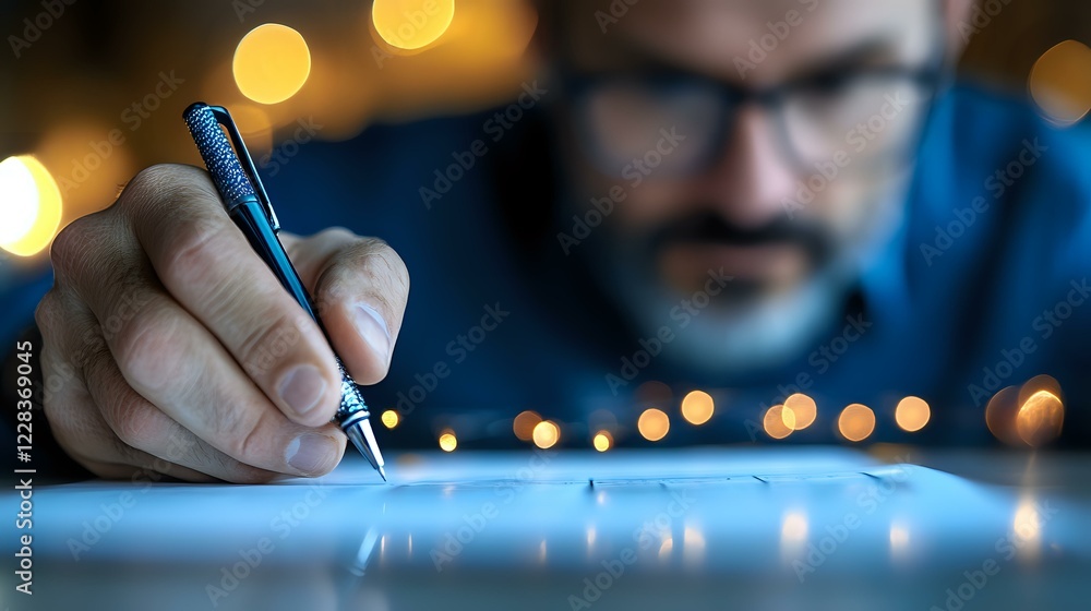 Poster bearded man in glasses writing with pen on glowing surface with bokeh lights in background, creating