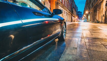 A sleek black luxury car parked on a quiet city street at night, illuminated by neon lights and reflections on its polished surface.
