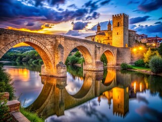 Obraz premium Surreal Medieval Arch & Puente la Reina Bridge, Spain: Dreamlike Fantasy Landscape