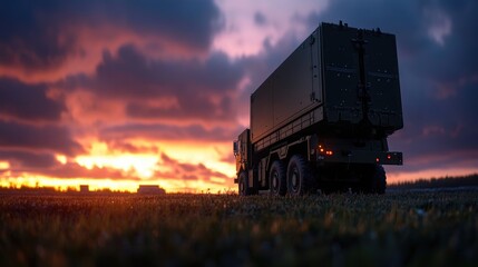 Fototapeta premium Military truck sunset transport field deployment