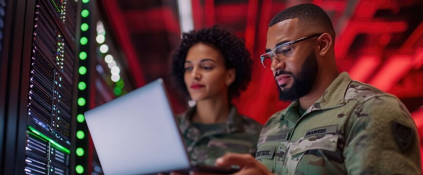 Military personnel analyze data on laptop, server room. Cybersecurity
