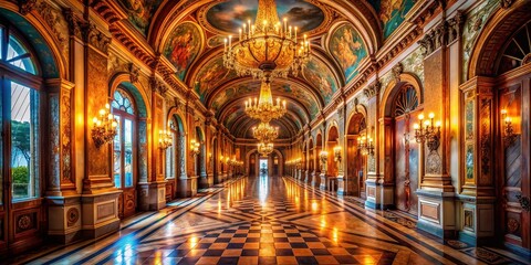 Obraz premium Surreal Opulent Hallway: Ornate Architecture, Chandeliers, Elegant Floor