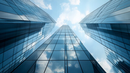 Fototapeta premium Geometric skyscrapers towering upwards, captured from a low angle against a clear blue sky, emphasizing modern architecture and urban grandeur.