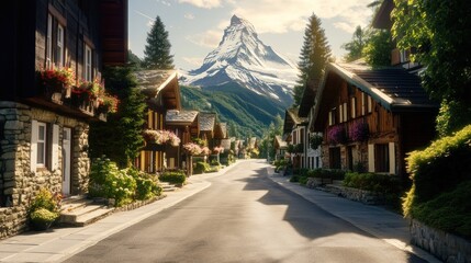 Obraz premium Majestic Matterhorn view from charming Swiss village street.