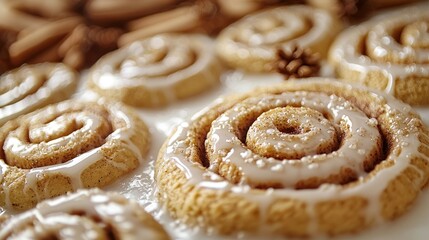 Fototapeta premium Iced cinnamon rolls on white surface with cinnamon sticks background