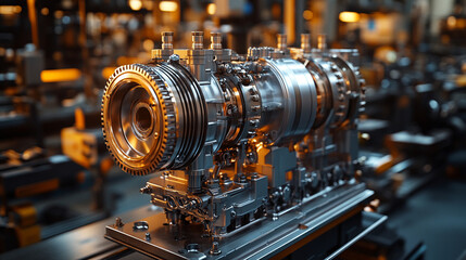 Fototapeta premium Close-up of a car engine in a workshop highlighting mechanical components and precision engineering minimalistic bright tone modern blurred empty blank caption space on the side