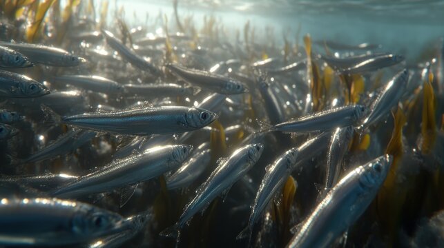 Underwater shot of a large school of silvery fish swimming near kelp forest in shallow sunlit water.
