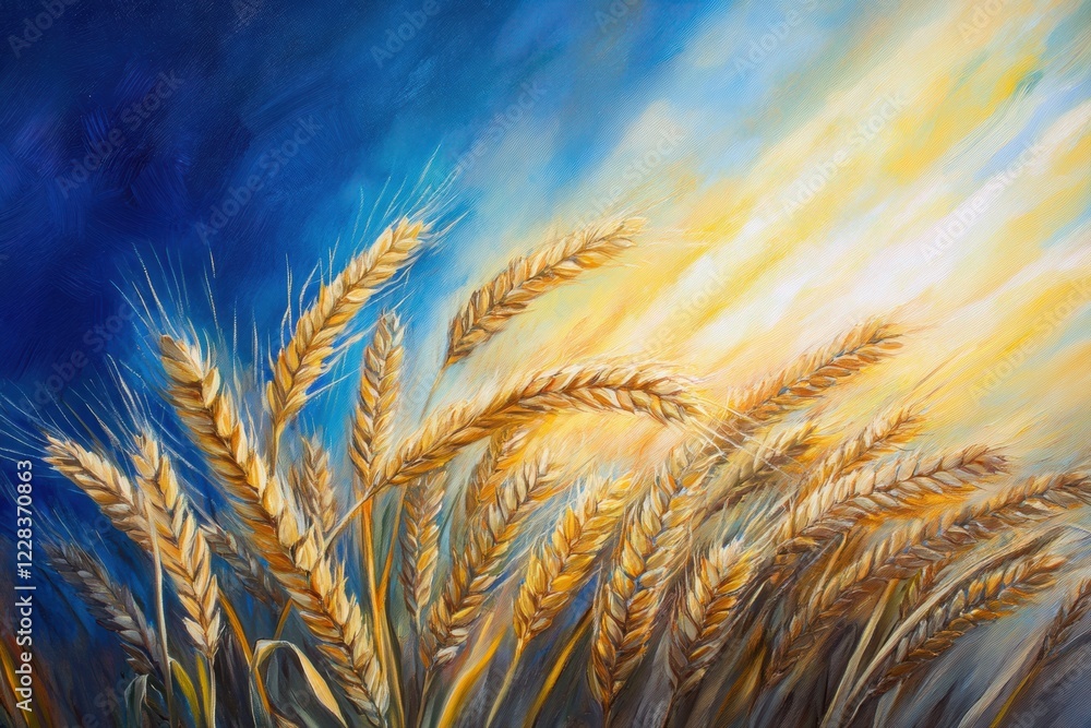 Aufkleber golden rays illuminating fields of wheat under a bright blue sky at sunset. generative ai