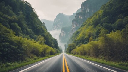 Naklejka premium Long paved road, trees and greenery on the sides