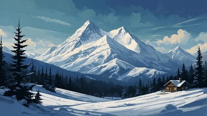 Snowy mountains and green forest