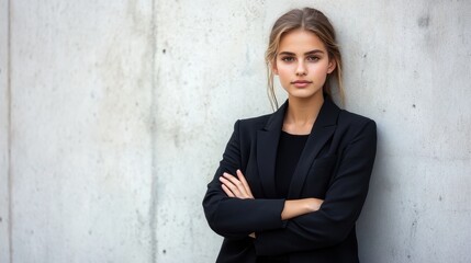 Obraz premium Confident Young Woman in Black Blazer Leaning Against a Concrete Wall