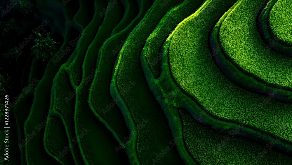 Aufkleber abstract green layered terrain with organic curved lines creating depth and shadow effect against da