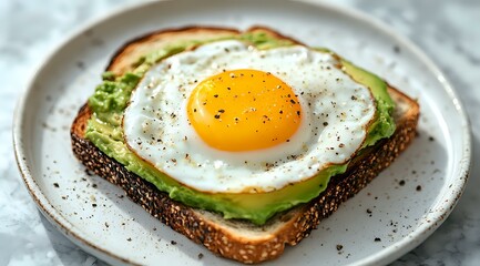 Avocado toast topped with sunny side up egg on dark bread, seasoned with black pepper and served on white ceramic plate. Fresh breakfast concept.