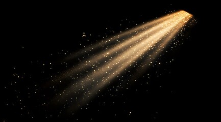 Golden light rays pierce through darkness with magical sparkles and glowing particles creating dramatic atmospheric effect on black background.