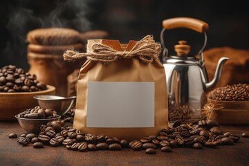 Steaming Coffee Beans with Kraft Paper Bag and Metal Kettle