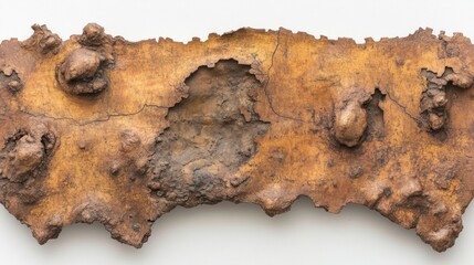 Obraz premium Irregularly shaped, amber-brown metallic sheet with holes and bumps, isolated on white.