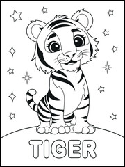 T is for tiger. Coloring pages for kids. Children's coloring books with cute tiger cartoon character, fun and educational materials for kindergarten. spelling activity sheet for early learners.