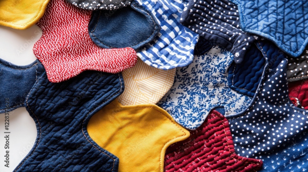 Poster assorted colorful fabric scraps in various textures and patterns