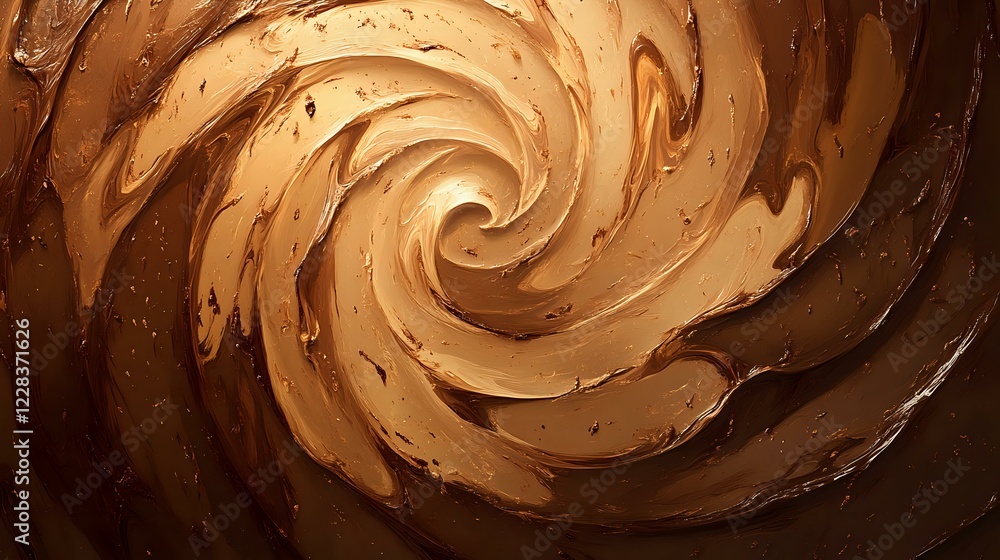 Poster swirling chocolate and caramel spiral pattern creates mesmerizing abstract background with rich brow