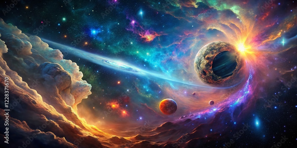 Poster surreal space: electron cloud piercing meteorite fragment