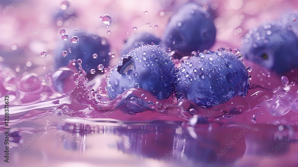 Poster fresh blueberries with water drops splashing in pink and purple tones creating dynamic motion and re