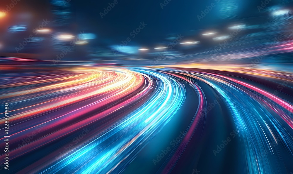 Poster abstract curved light trails on dark background with motion blur effect creating dynamic speed movem