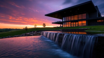 Modern house, sunset view, waterfall, rural landscape, luxury real estate
