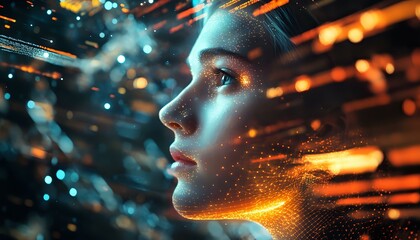 Profile view of young woman illuminated by futuristic neon lights and glowing particles, surrounded by dynamic motion blur effects and digital elements.