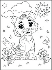 Illustration of a cute baby tiger cartoon character. Hand-drawn Black and white Printable animal coloring page for kids. Children's coloring books, fun and educational materials.
