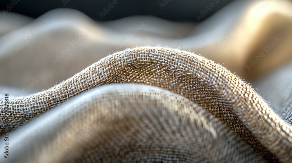 Poster natural linen fabric with curved wave texture in beige and gray tones, macro close-up shot showing d