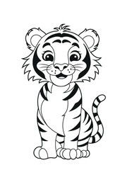 Illustration of a cute baby tiger cartoon character. Black and white Printable tiger coloring page for kids.
