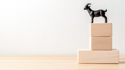 Black goat figurine on wooden blocks symbolizing achieving top