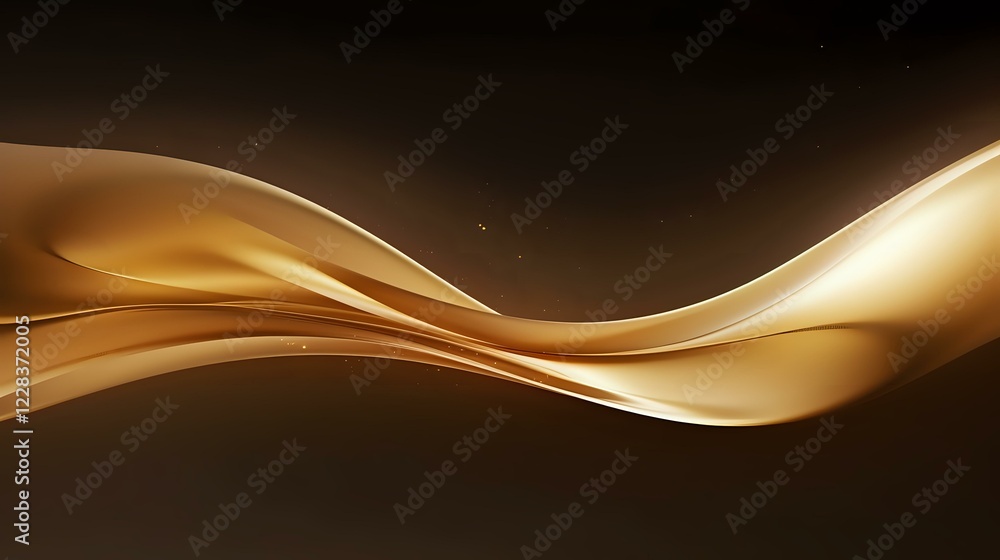 Poster Elegant golden waves flow smoothly across dark background creating dynamic abstract composition with soft glowing light effects and smooth curved lines.