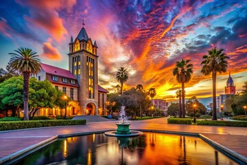 Fototapeta premium Surreal Sunset over San Jose State University's Tower Hall and Washington Square
