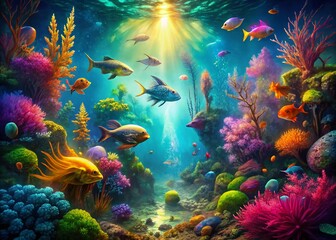 Obraz premium Surreal Underwater Dreamscape: Vibrant Fish & Flowing Seaweed