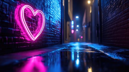 Neon heart alleyway, night, city romance, wet pavement