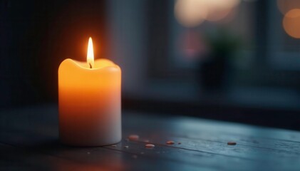Solo pillar candle shines softly in the evening, light, ambiance