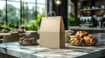 Brown Paper Bag with Pastries on Marble Countertop in Cafe