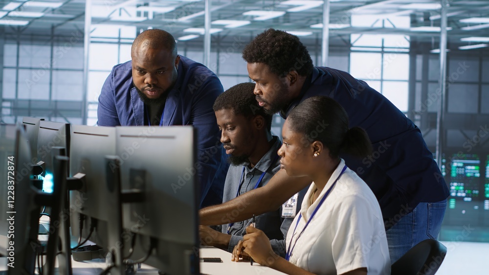 Poster teamworking engineers talking in server room, developing disaster recovery plans ensuring minimal do