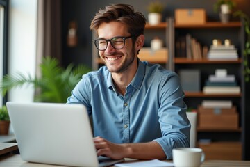 Young male smiling while working on a laptop in a cozy, modern workspace filled with plants, bookshelves, and natural light, portraying a productive and inspiring environment.