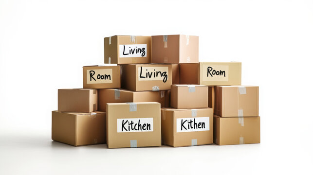 Organized moving essentials: stack of labeled boxes for efficient relocation and storage solutions