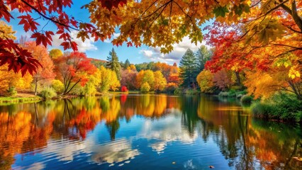 Fototapeta premium Autumn landscape with vibrant foliage by serene lake, autumn leaves