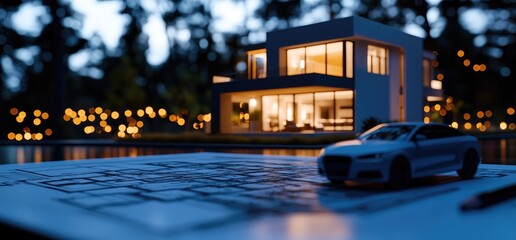 Night-lit modern house, car model, blueprints; real estate concept