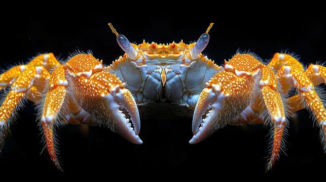 Mirrored orange crab on black, claws forward, dark background