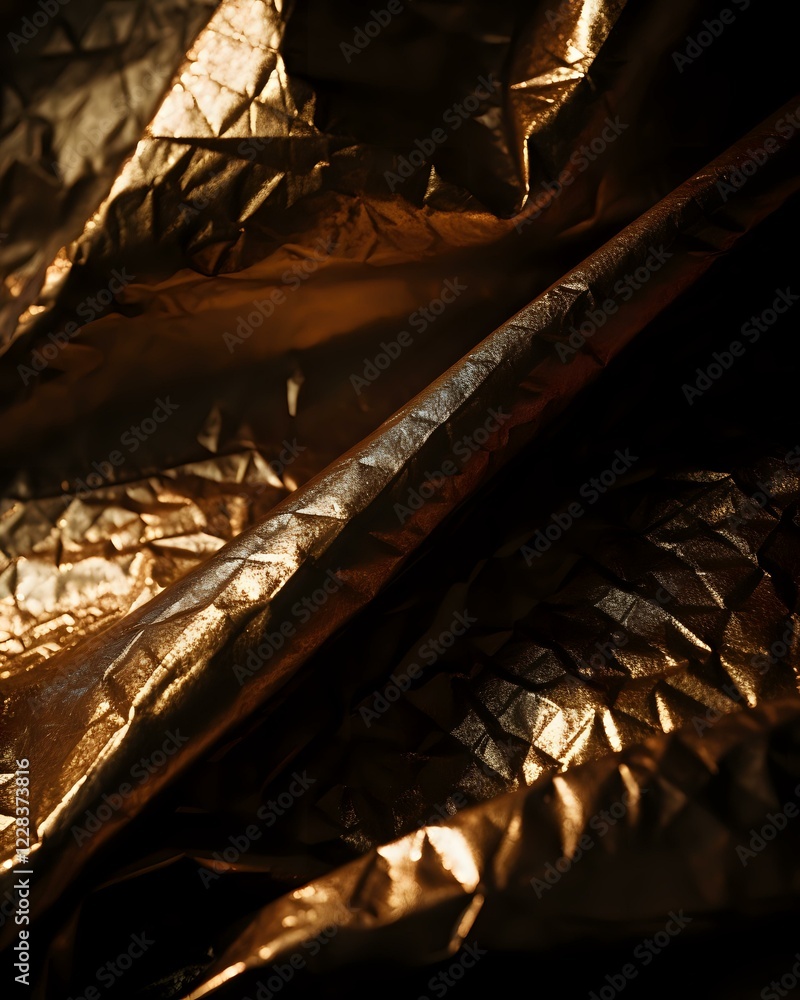 Poster Crumpled metallic copper foil with dramatic shadows and light creating abstract textural patterns and reflective surfaces for luxury design backgrounds.