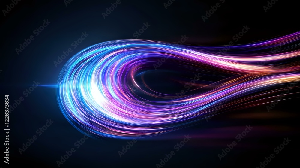 Poster glowing neon light trails with blue and pink colors swirling in abstract wave pattern against dark b