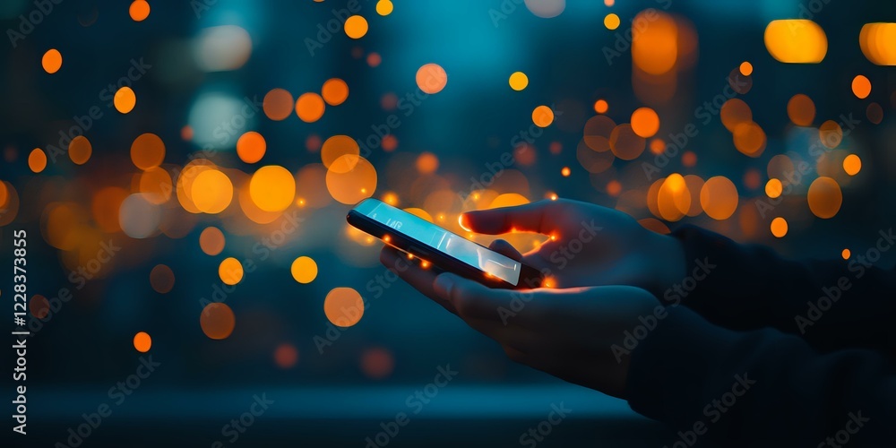 Poster hands holding smartphone with glowing screen against blurred bokeh lights background creating magica