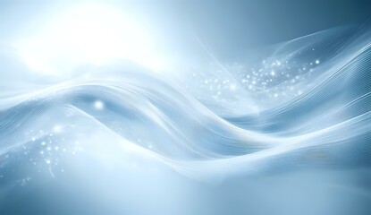 Soft flowing waves of light create ethereal abstract background in cool blue tones with glowing particles and smooth curved lines for modern design projects.