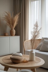 White Living Room with a Sleek Gray Cabinet, Modern Furniture, and Clean, Minimalist Design

