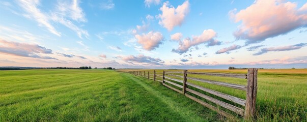 Fototapeta premium Capture the essence of a serene sunrise over rolling hills, radiating calm and tranquility with this breathtaking landscape image A wooden fence stretches into the distance, dividing lush green